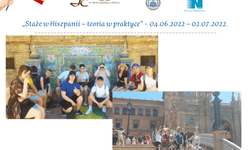 wyjazd mlodziezy z trzech szkol na praktyki zawodowe do Hiszpani; na zdjeciu mlodziez, opiekunowie, logotypy uczestnikow  (1)