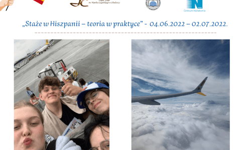 wyjazd mlodziezy z trzech szkol na praktyki zawodowe do Hiszpani; na zdjeciu mlodziez, opiekunowie, logotypy uczestnikow  (4)